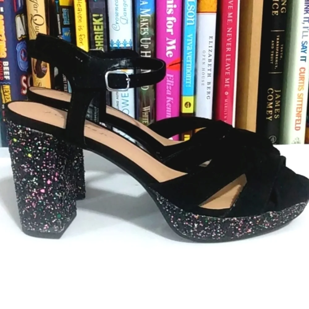 JELLYPOP BLACK STRAPPY PLATFORM GLITTER SPARKLE ANKLE STRAP HEELS SIZE 8.5 NWT